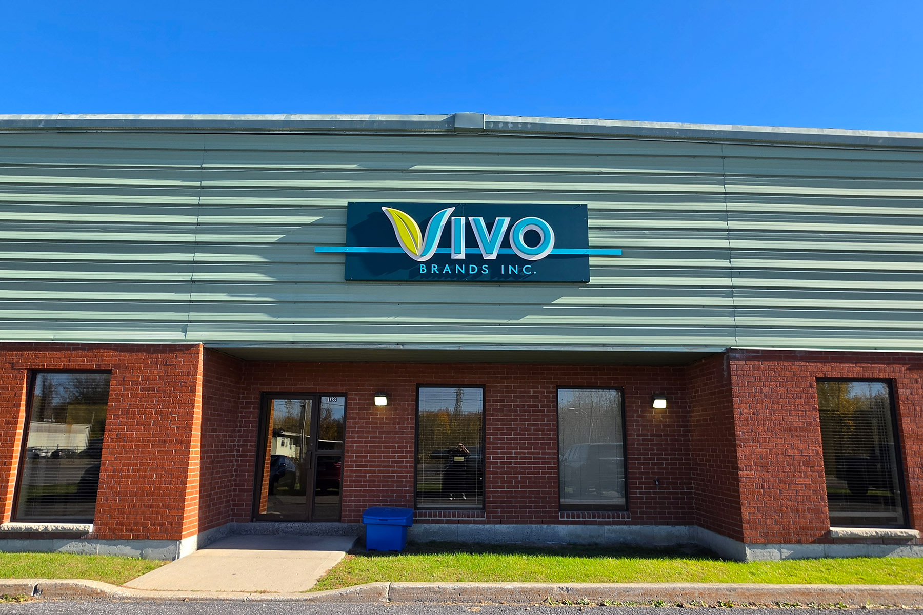 The Vivo Brands head office in Cornwall, Ontario, with the Vivo sign above the entrance